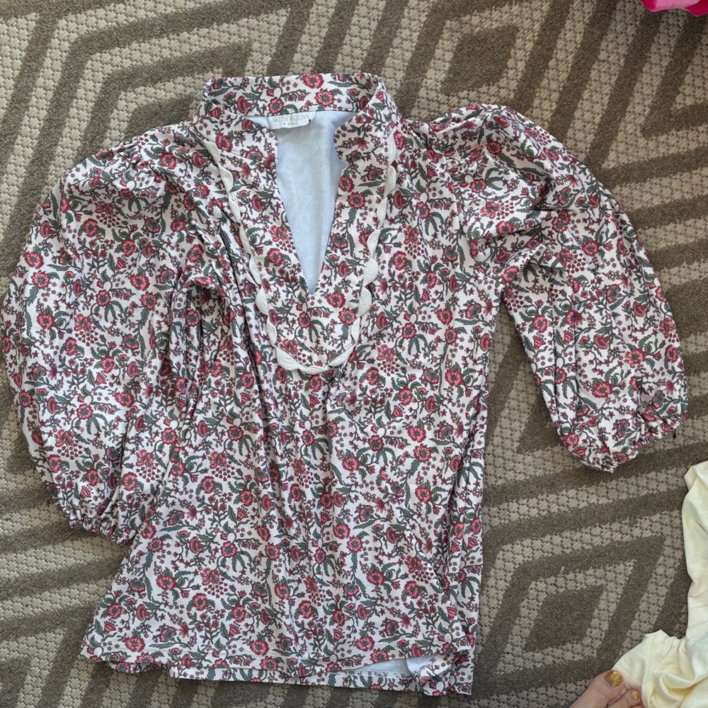 Women’s Floral Puff-Sleeve V-Neck Top - Cream with Pink Floral